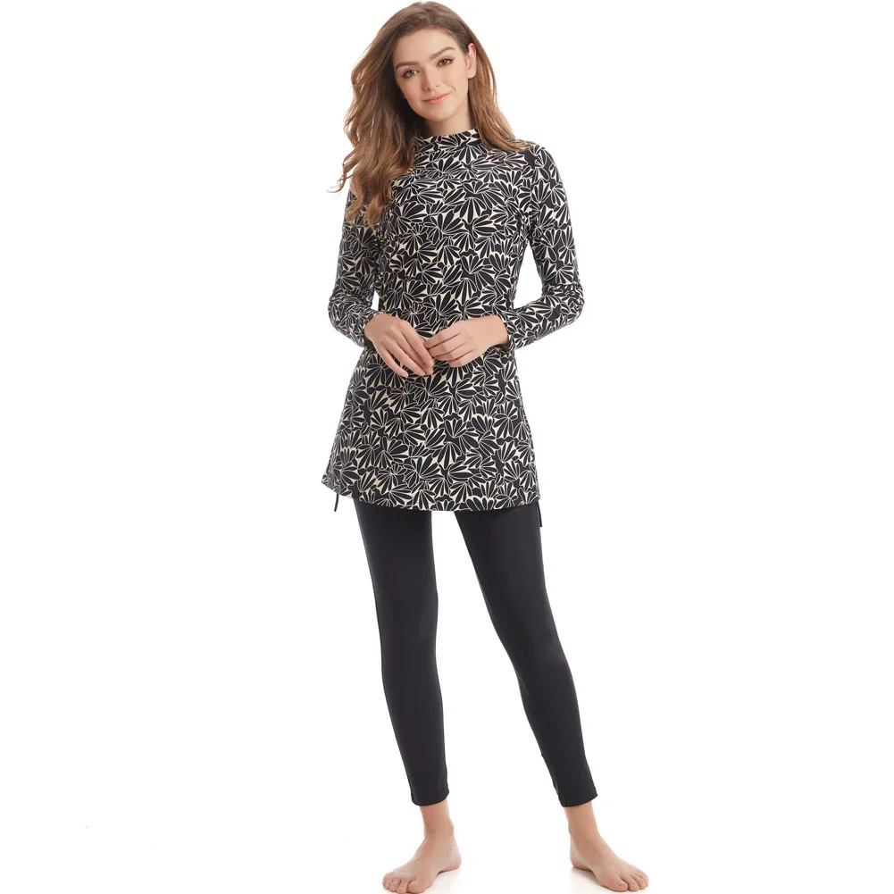 3 Pcs Black White Abstract Leaf Print Long Sleeve Modest Burkini Swimsuit Tunic Full Length Leggings Hijab IslamicBathing Suit