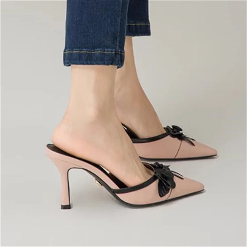 Flowers Decoration Shoes for Lady Pointed Toe Female Mules High Heels Mixed Color Tacones Women Pumps Sewing Line Chassure Femme