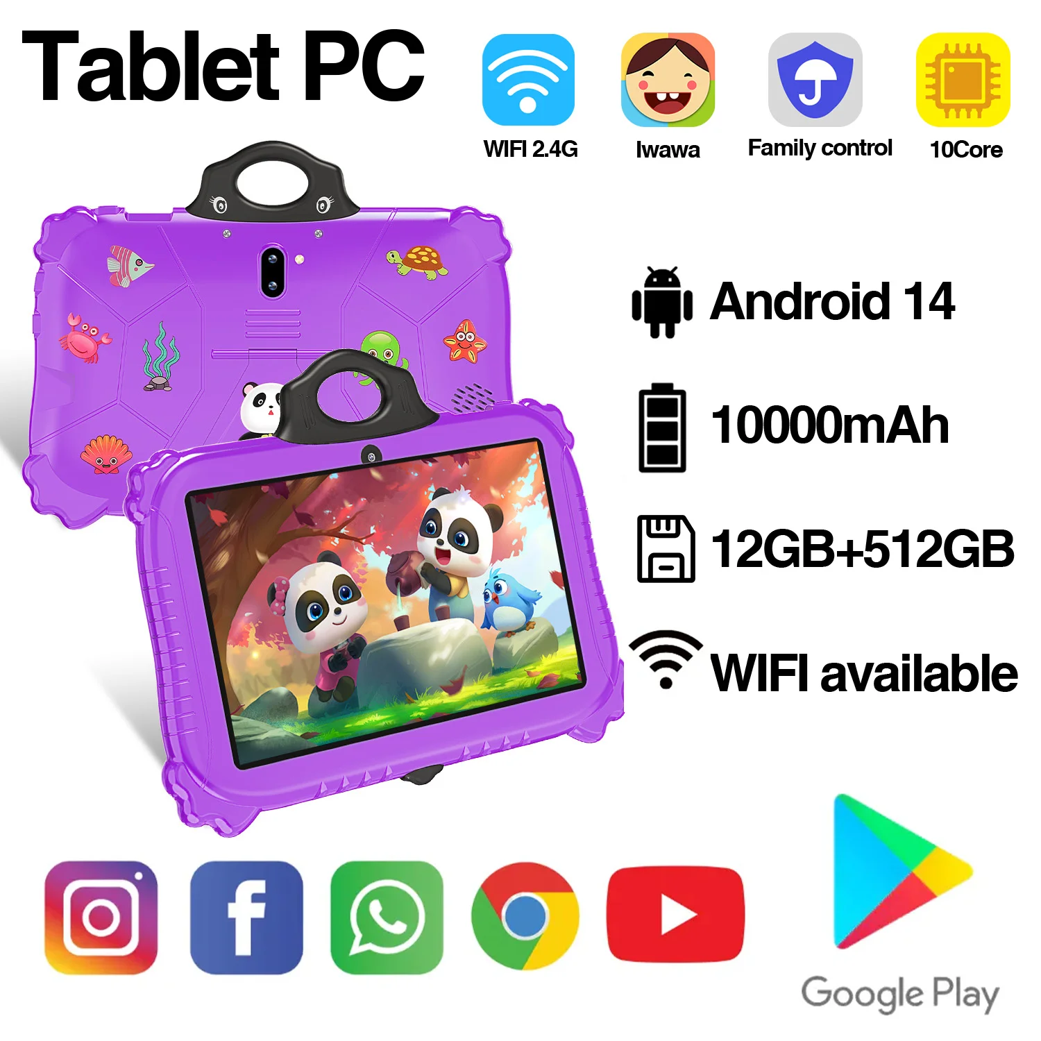 2024 Panda Android 14 10.1-inch Kids Tablet 12GB RAM 512GB ROM 10000mAh Bluetooth 5.0 5G GPS 16MP + 32MP Kids Learning Tablet PC