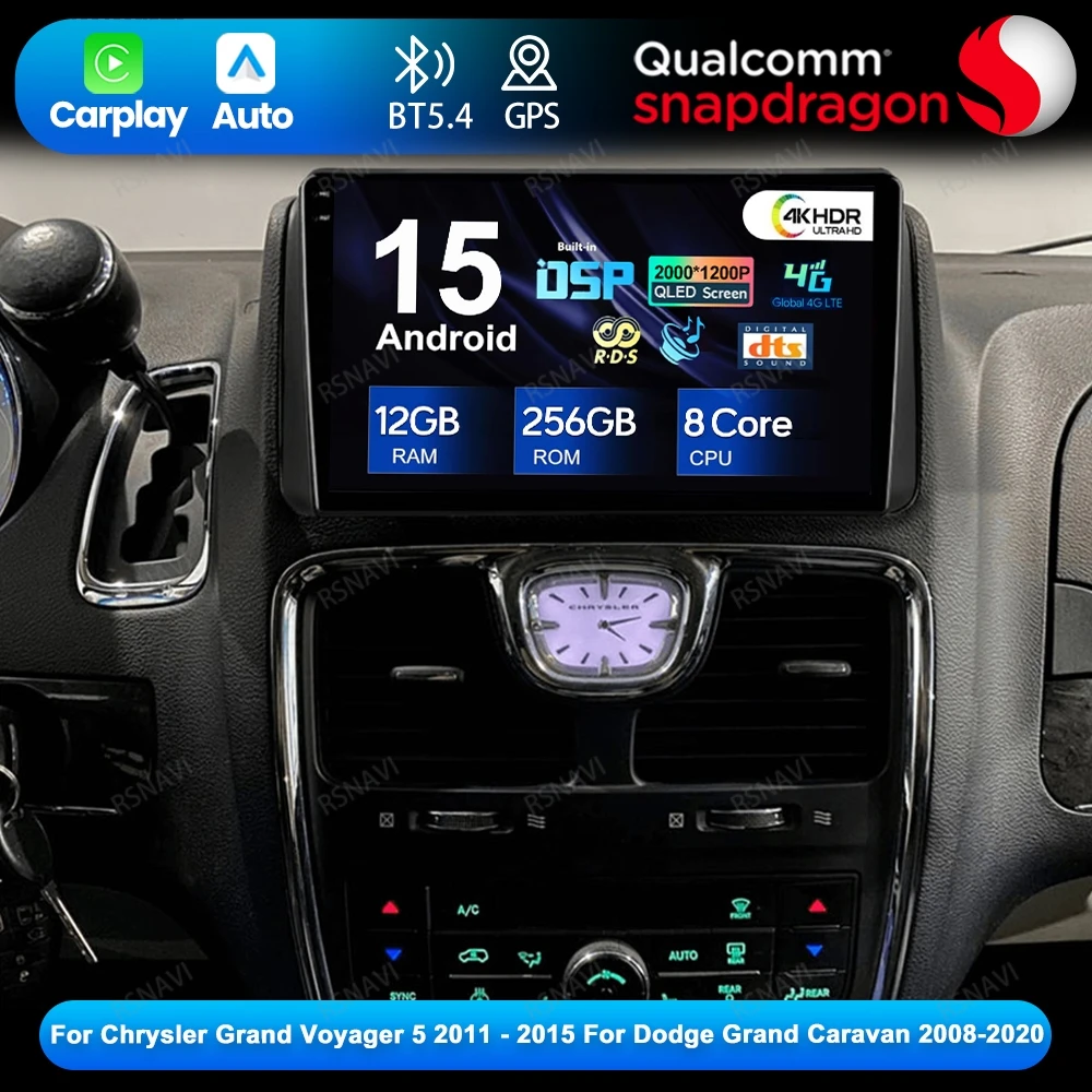 Android 15 para Chrysler Grand Voyager 5 2011 - 2015 para Dodge Grand Caravan 2008-2020 navegación inalámbrica Carplay Auto Autoradio