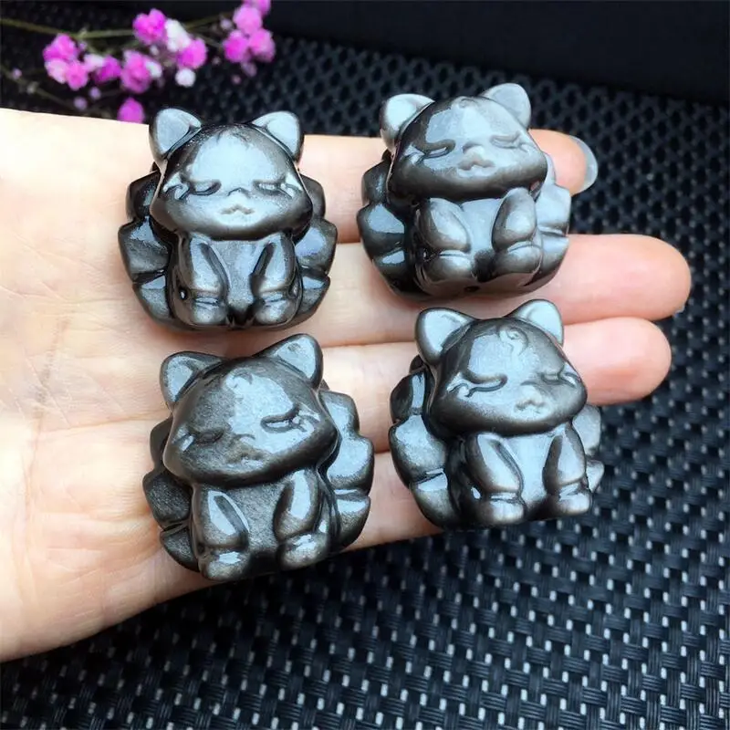 4PCS Natural Silver Obsidian Nine-tailed Fox Fairy Carving Healing Reiki With Hole Fashion Jewelry For Friends Gift 29MM