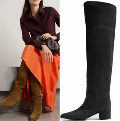 Winter Black Brown Burgundy Fur Warming 45 mm Square Heels Over The Knee Boots Women Leisure Pointed Toe Suede Long Botas Shoes