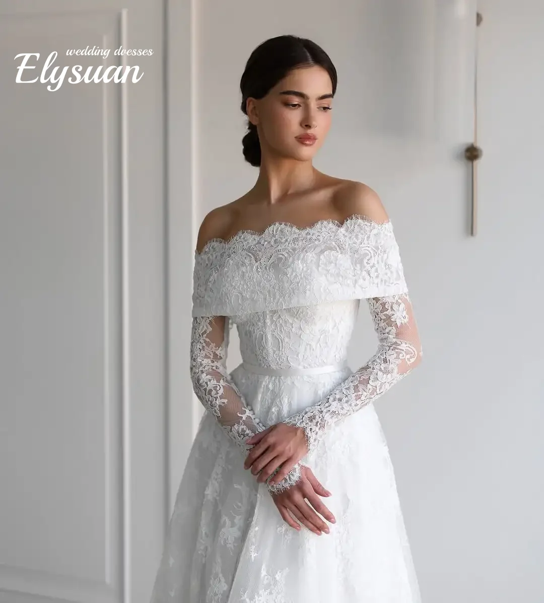 Customized Lace Wedding Dresses Long Sleeve Dress Bespoke Off Shoulder Bridal  Weddings Vestidos