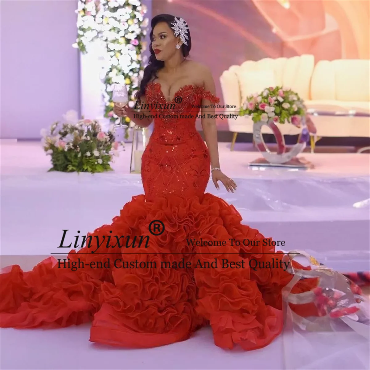 Luxury Off Shoulder Mermaid Prom Dresses Customized Appliques Beaded Birthday Evening Party Gown Ruffles Court Train Robe De Bal