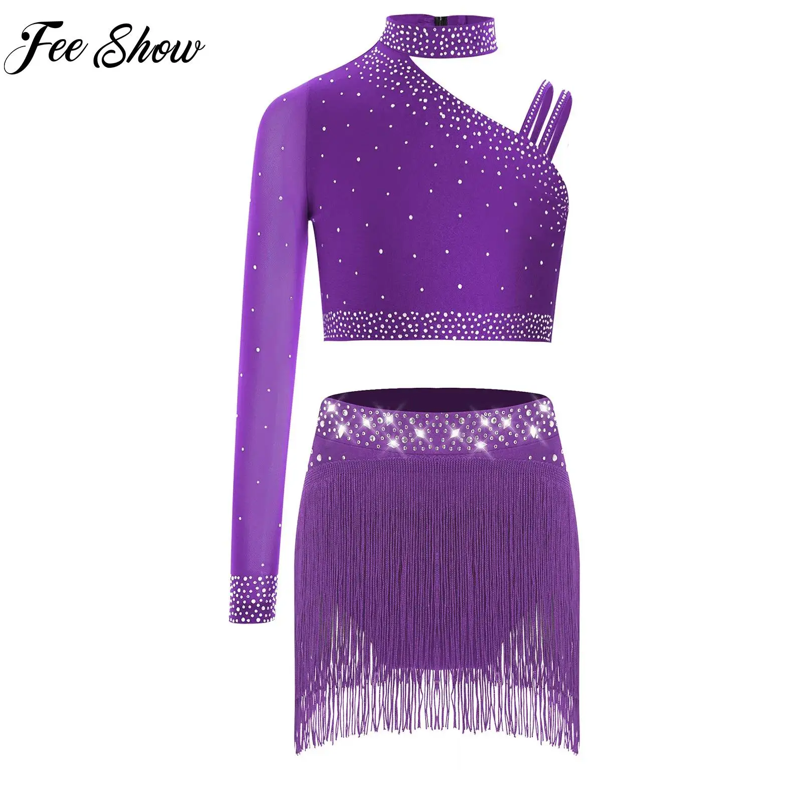 

Teen Girls Modern Lyrical Dance Outfits Two Piece Shiny Rhinestones Dancewear Sets Crop Top+Skirts Set for Ballet Figure Skating