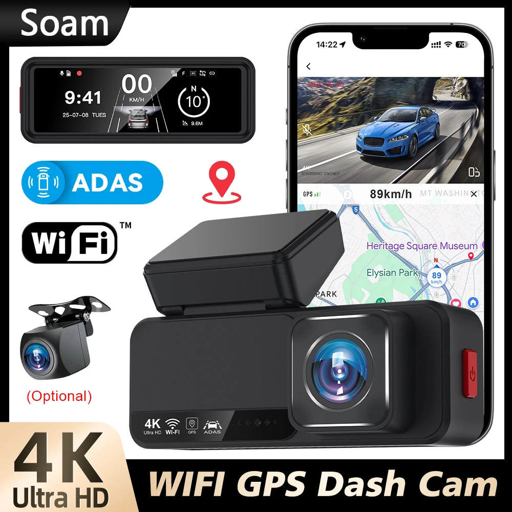 Soam 4K+2.5K ADAS Dash Cam 3.2' IPS Screen 170° Built-in WIFI/GPS G-Sensor 24H Parking Monitor Camera Night Vision WDR APP Black