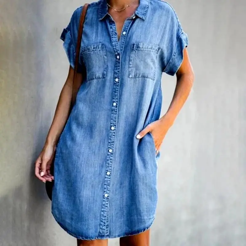 Short Sleeve Distressed Jean Dress Button Down Casual Fashion Tunic Top Women Denim Shirt Dresses Vestidos De Fiesta