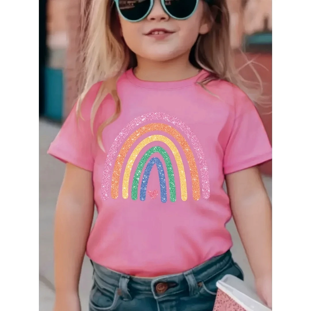 Children Cute T-Shirt for Girls Music Rainbow Print T-Shirt Girl Fashion Crew Neck Short Sleeve Top Clothing Gift Children Tops