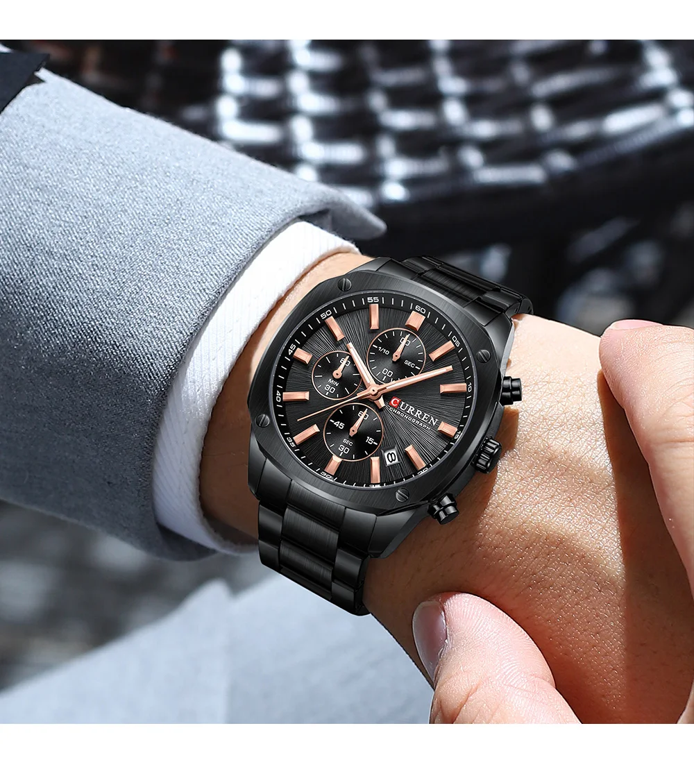 CURREN Business Casual Chronograph Uhr für Herren mit Edelstahlarmband und schwarzem Zifferblatt, leuchtenden Zeigern - Quarzwerk – Detail 16