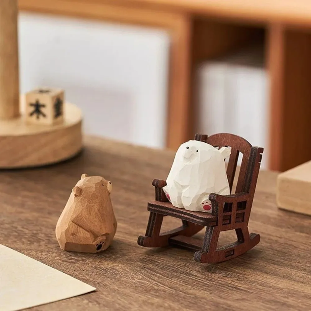 Cute Wooden Rocking Chair Bear Models Solid Wood Handmade Bear Ornaments Mini Cartoon Hand Carved Bear Figurines Photo Props