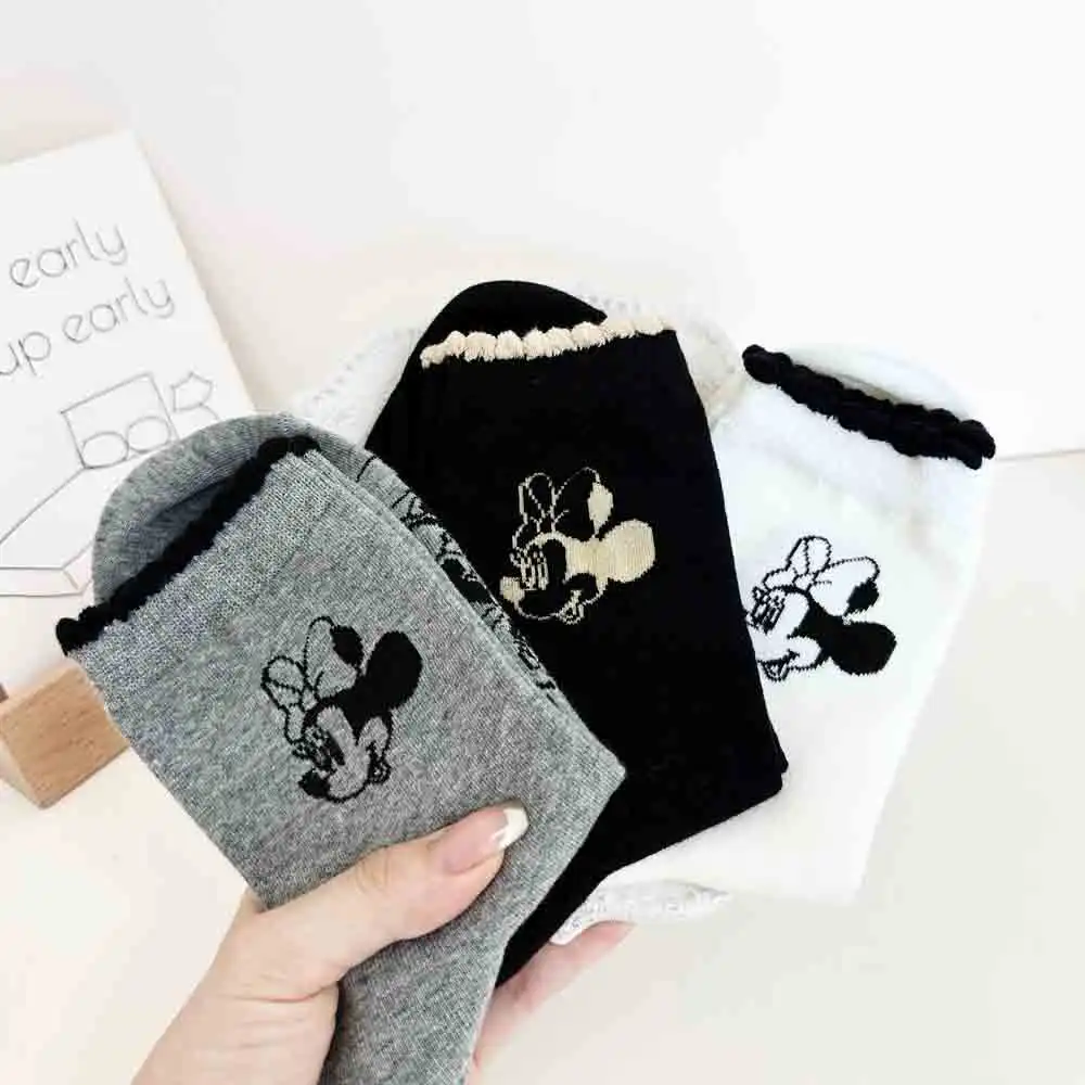

3 Pairs Disney Cotton Socks For Women Y2K Kawaii Mickey Mouse Ruffle Socks Bow Cartoon Funny Short Socks White/Grey/Black