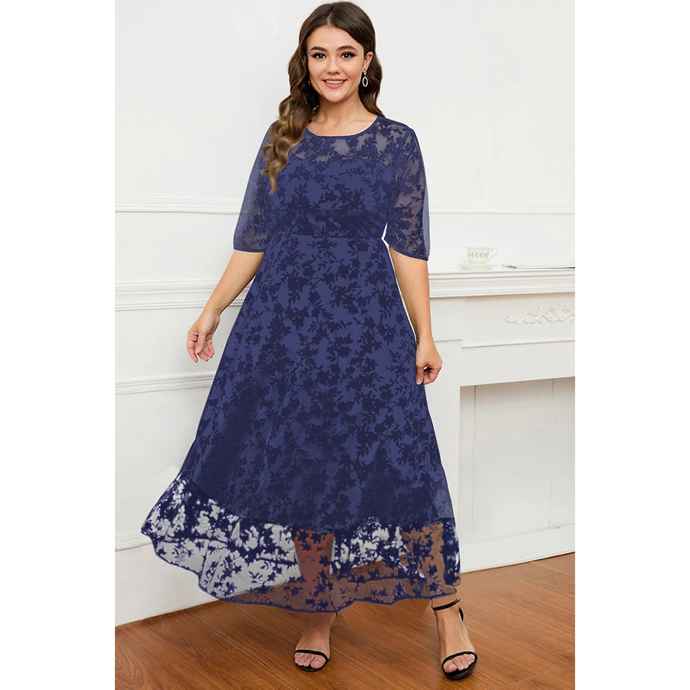 Plus Size Dames Casual Zwart Kant Gevlokt Mesh Fluwelen Dubbellaags Tuniek Halve Mouw Maxi Jurk