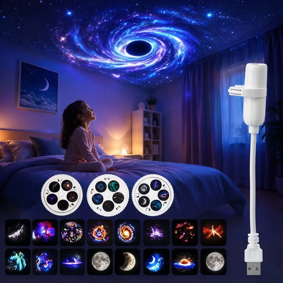 USB Planet Starry Sky Projector Light LED Night Light 360° Adjustable Gooseneck Replaceable Slides 5/10/15 Patterns Home Decor