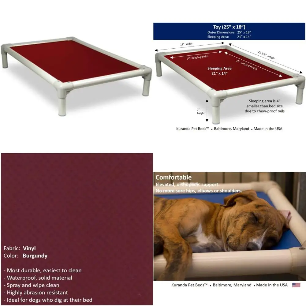 Cama duradera para perros de PVC con almendras - 25x18 pulgadas - vinilo burdeos resistente