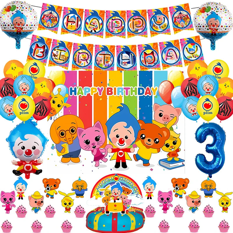 Decoración de Fiesta de Cumpleaños de Payaso Plim, Globos de Papel de Aluminio Plim, Globos de Látex, Pancarta de Fondo, Adorno para Pastel, Baby Shower