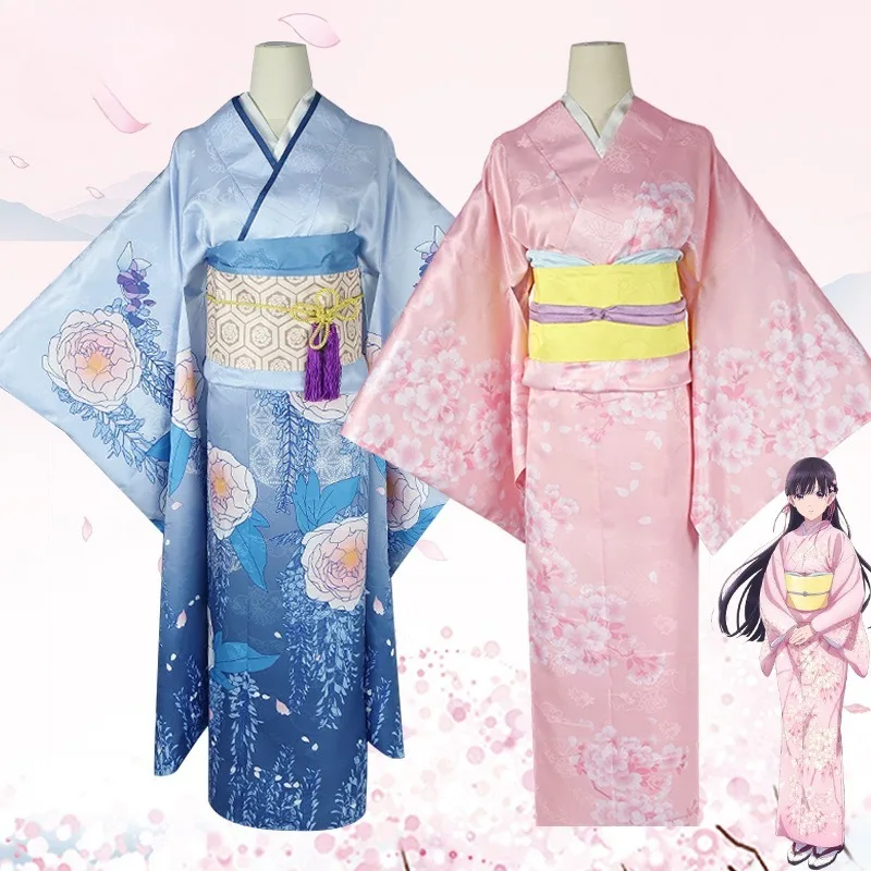 

Anime Saimori Miyo Costume Cosplay Blue Pink Japanese Kimono Dress with Accessories Role Play Outfit for Women Theme Party