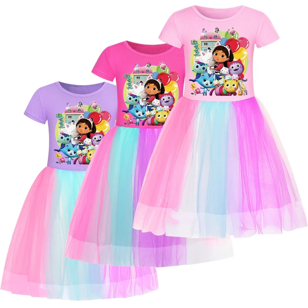 Gabbys Dollhouse Clothes Baby Girls Rainbow Dresses with Headdress Kids Cartoon Gabby Cats Tastic Wedding Party Princess Vestido