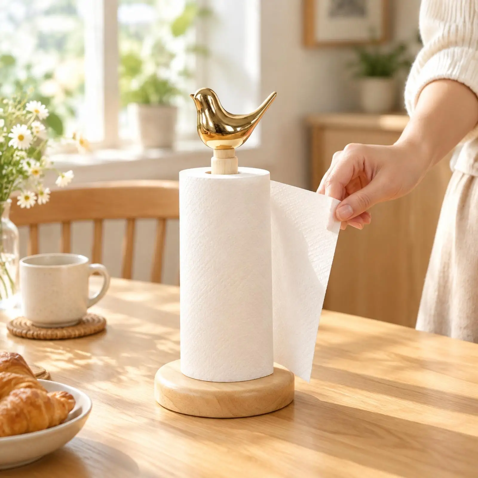 Freestanding Kitchen Paper Towel Stand Wooden Post with Animal Topper for Roll Holder Dispenser