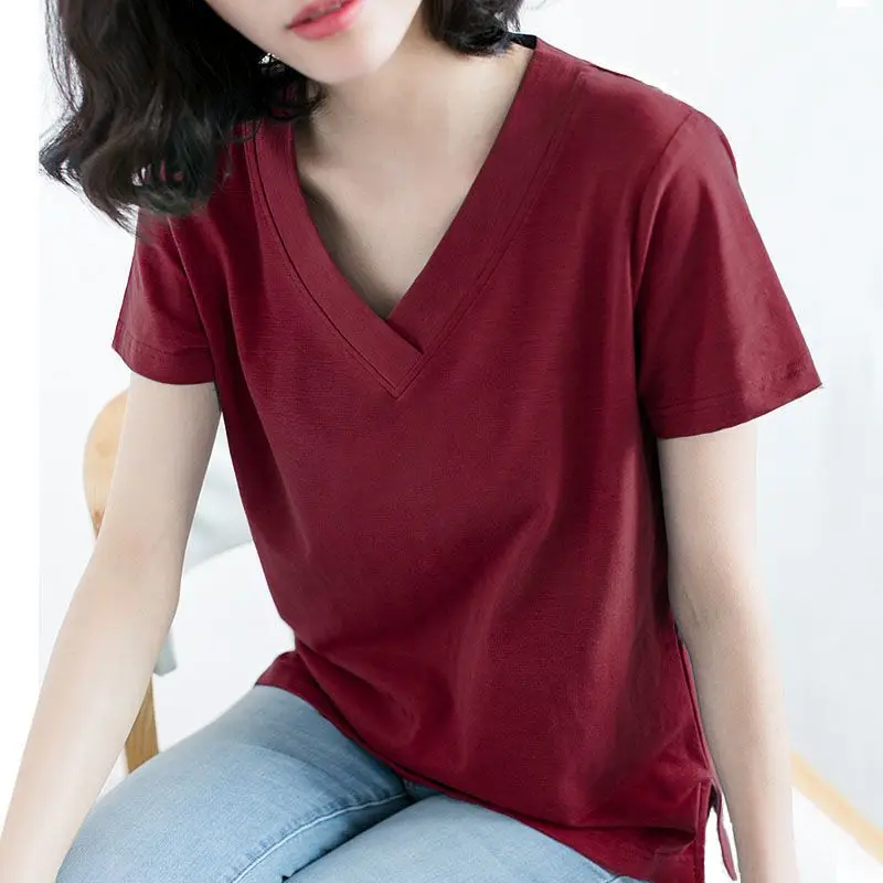 

Модные однотонные универсальные футболки с v-образным вырезом, женская одежда, новинка лета 2025 года, свободные повседневные топы с короткими рукавами, пригородная футболка
