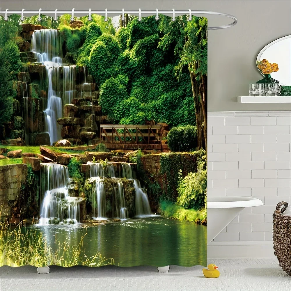 

1pc Streamside Serenity Shower Curtain - Vivid Nature Print, Complete with 12 Hooks, Stylish Bathroom Decorative Partition