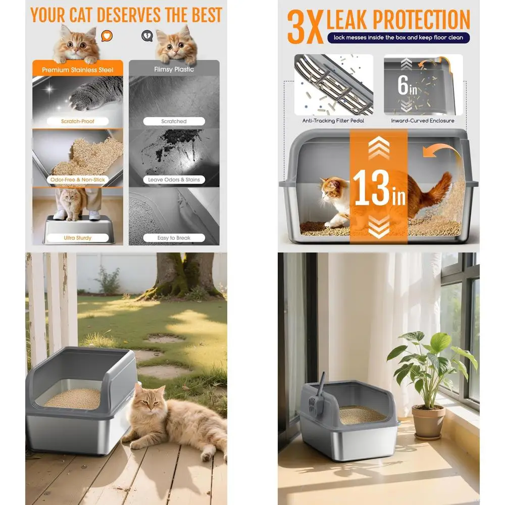 

Large Grey Metal Cat Litter Box with Scoop, Top Entry, Anti-Leakage, Easy Clean, XL Size