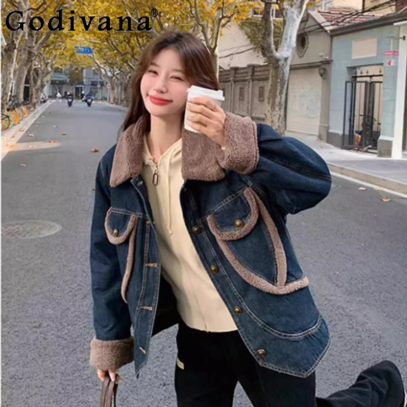 

Autumn Winter Large Size Thickened Turn-down Collar Sweet Denim Jacket Girls Long Sleeve Loose Blue Age-reducing Korean Top