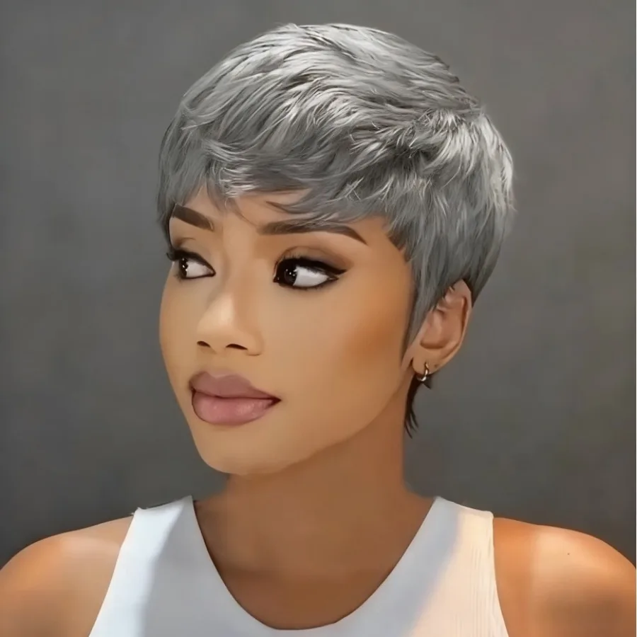 باروكة شعر بشري برازيلي رمادي للنساء - شعر مستعار مصنوع آليًا بالكامل قصير ومستقيم الطبقات، مظهر طبيعي بموجات ناعمة #4