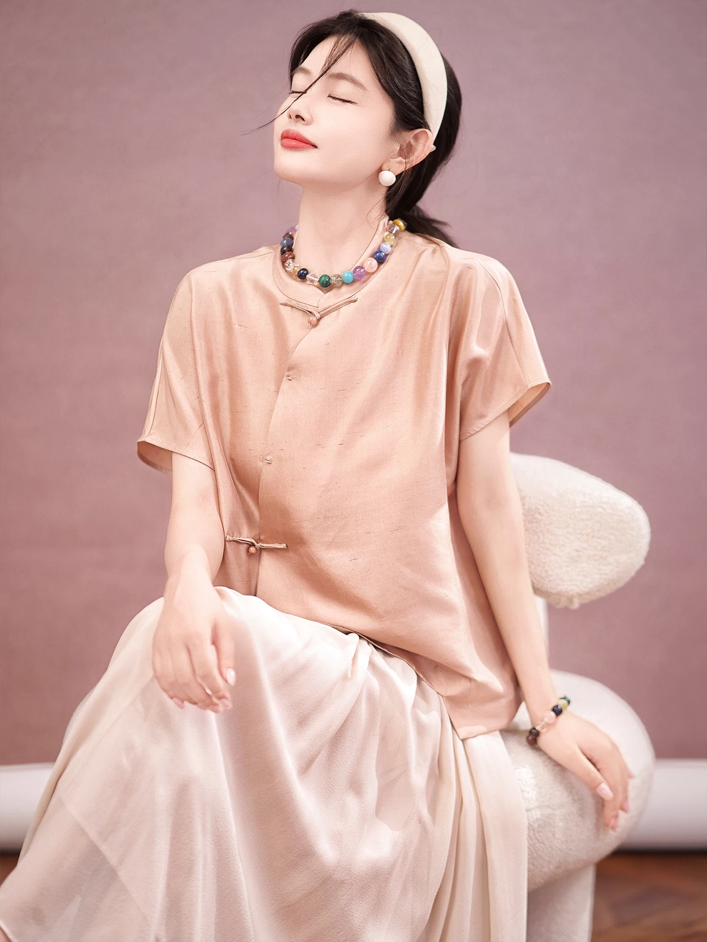 

Zhaoda Xi Silk irt Ele Lace Small irt with Slanting Button Plaet And Stand Collar for Young Profional Women