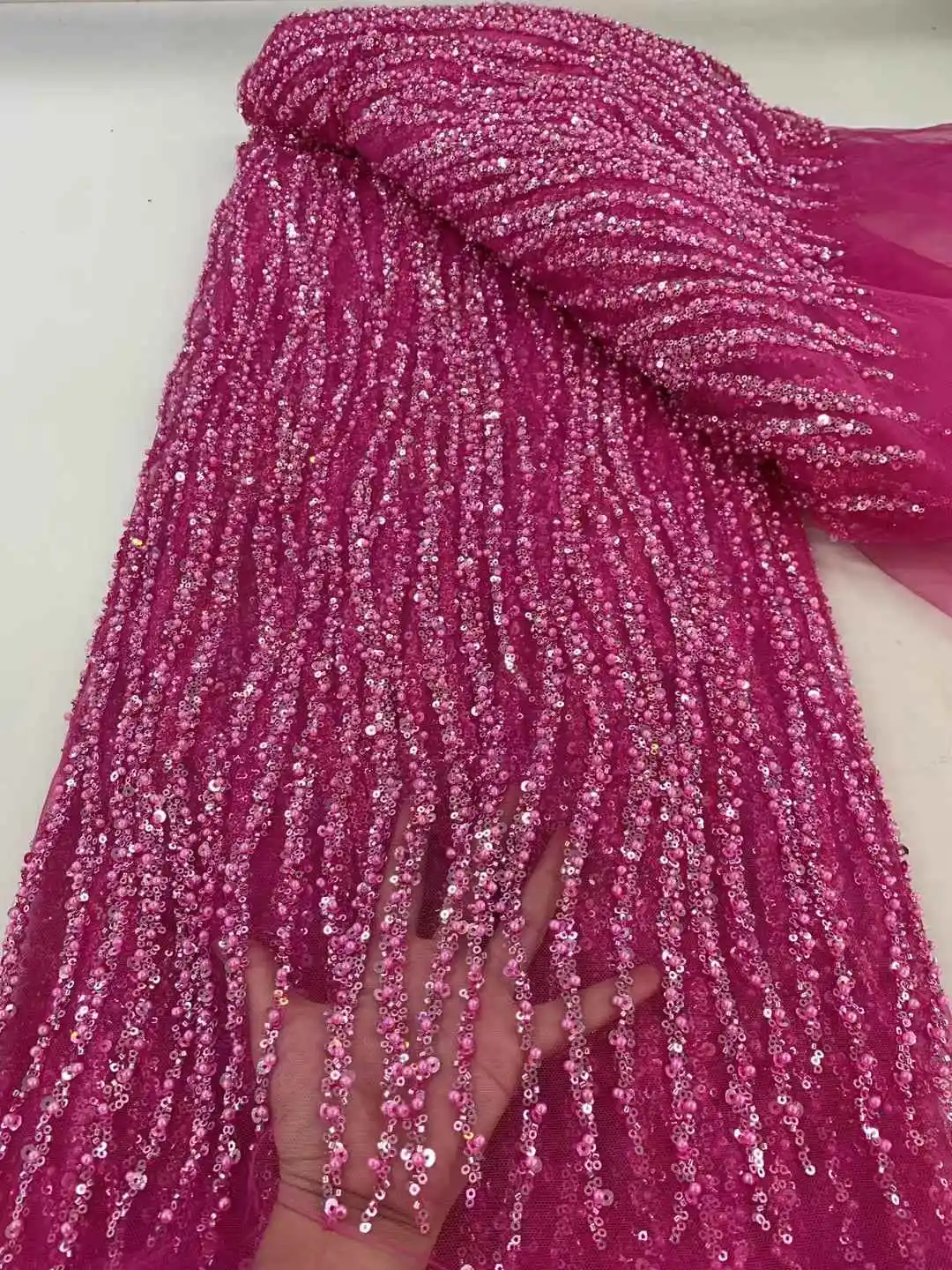 High qualtiy Beads Pearls Embroidery tulle Net,Stones, African fabric/Heavy/Beaded  French Yarn lace/For Party dresses/Wedding,