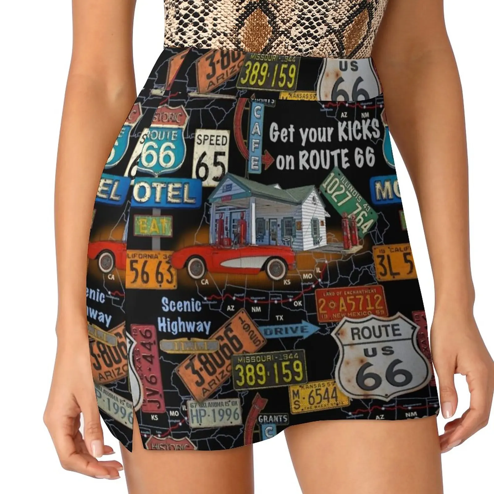 Route 66-Jp3934 Women's skirt With Pocket Vintage Skirt Printing A Line Skirts Summer Clothes Route 66 Jean Plout Car