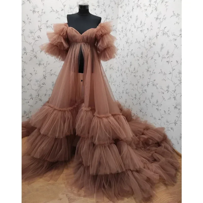 

Sexy Front Open Maternity Dresses for Photo Shoot Ruffles Tulle Baby Shower Pregnancy Dress Transparent Prom Party Gowns