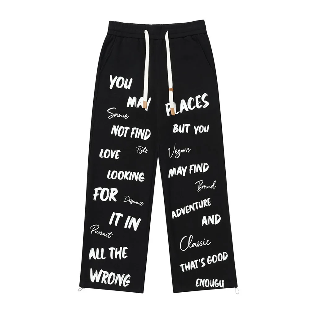 

Letters Print Elastic Waist Men's Sweatpants Full Length Elastic Waist Casual Pants Man Black White