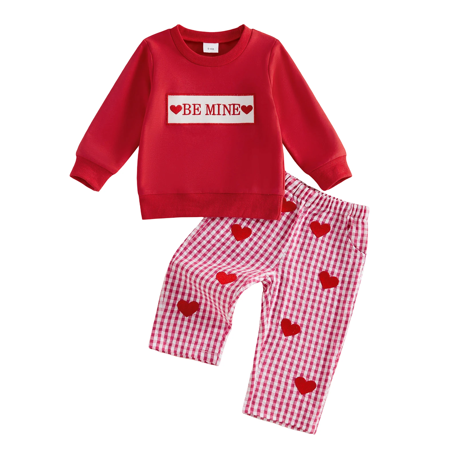 Boy Valentine Day Outfit Long Sleeve Pullover Heart Embroidery Plaid Pants