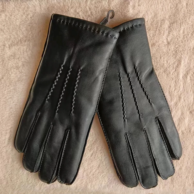Real Leather Gloves Male Autumn Winter Thermal Thicken Lamb\'s Wool Lined Men Sheepskin Gloves Driving M073WY