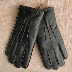 Gants thermiques épais doublés de laine d'agneau pour hommes, cuir véritable, peau de mouton, conduite, automne, hiver, M073WY