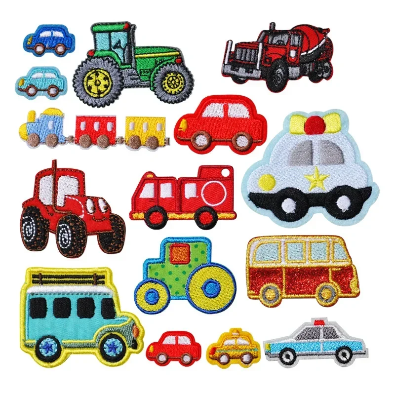 Cartoon Vehicles Embroidery Patches Small Police Cars Decorative Appliques for Kids Clothing DIY School Bus Truck Train Iron Ons