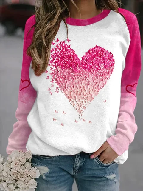Plus Size Butterfly Print Koszulka sportowa Casualowy długi rękaw Okrągły dekolt Pullover Odzież damska Plus Size