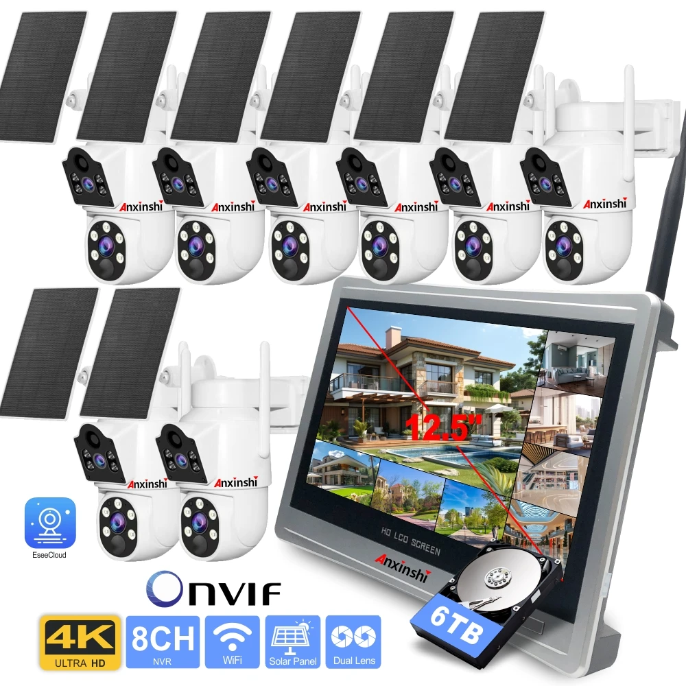 

4K 8ch Solar Dual-lens Ptz Camera Kit Night Vision With Screen Nvr Two-way Dialogue Intelligent Waterproof Eseecloud App