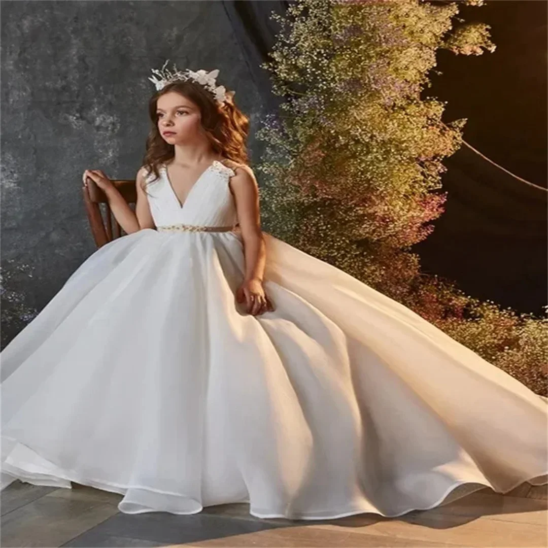 Communionkids Birthday Weddings Sleeveless Floor Length First Party Prom Dress White V-neck Simple Flower Girl Dresses