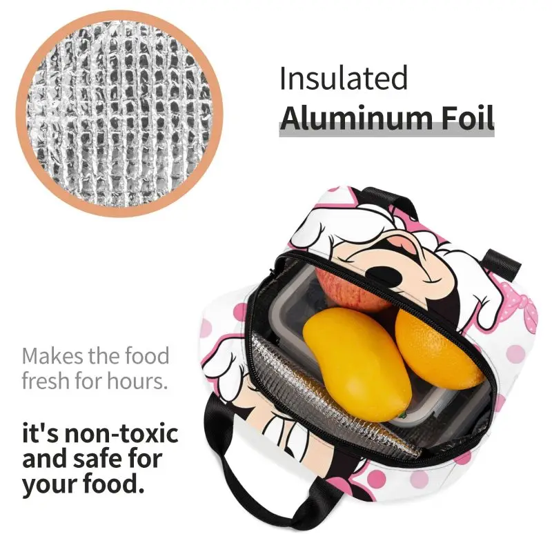 حقيبة غداء مخصصة ميكي بينك ميني ماوس للنساء بتصميم إبداعي صندوق غداء معزول دافئ ومبرد لمدرسة الأطفال