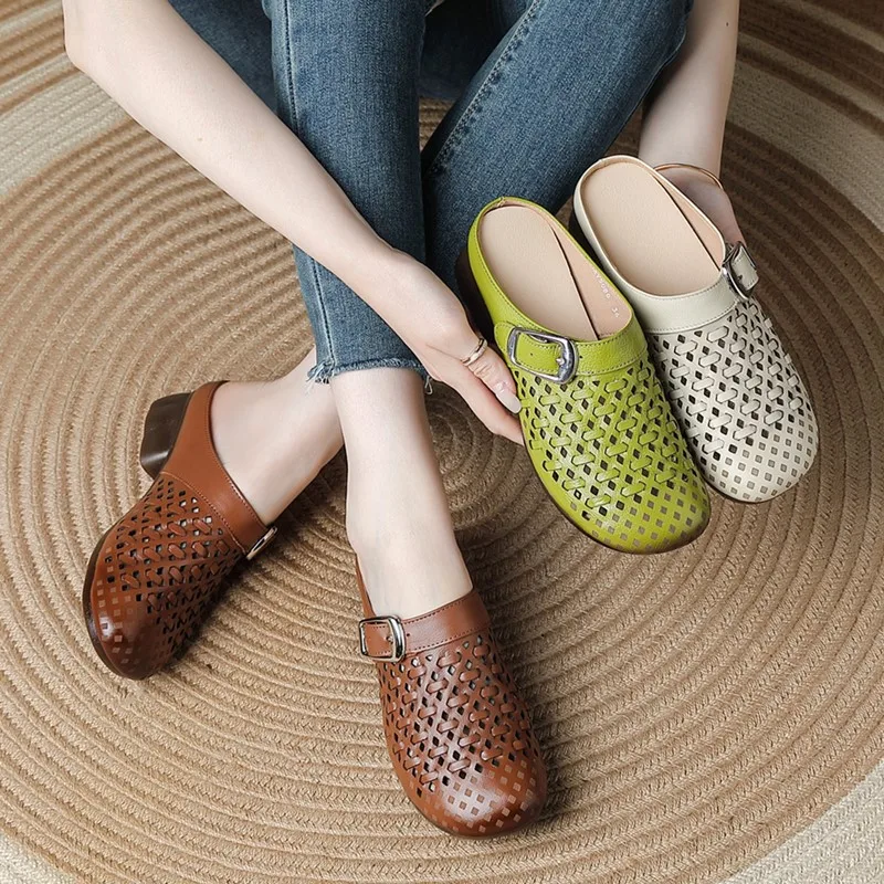 DIMANYU Women's Mule Shoes Genuine Leather 2026 Summer New Woven Closed-Toe Slippers Casual Outdoor Slippers For Moms
