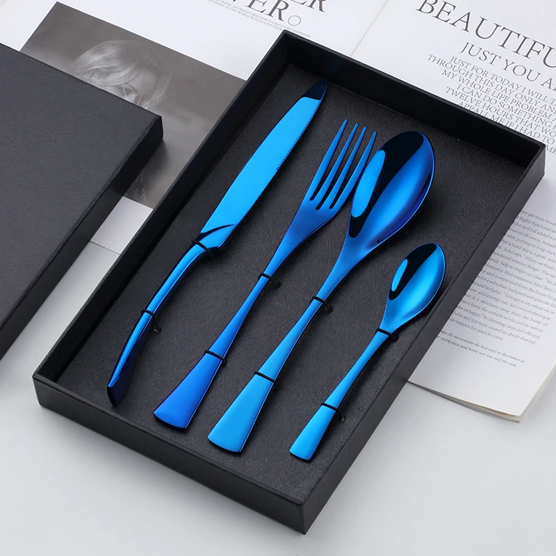 Luxurt Cutlery Set With Gift Box Stainless Steel Blue Dinnerware Set Knife Fork Table Fork Black Tableware Set