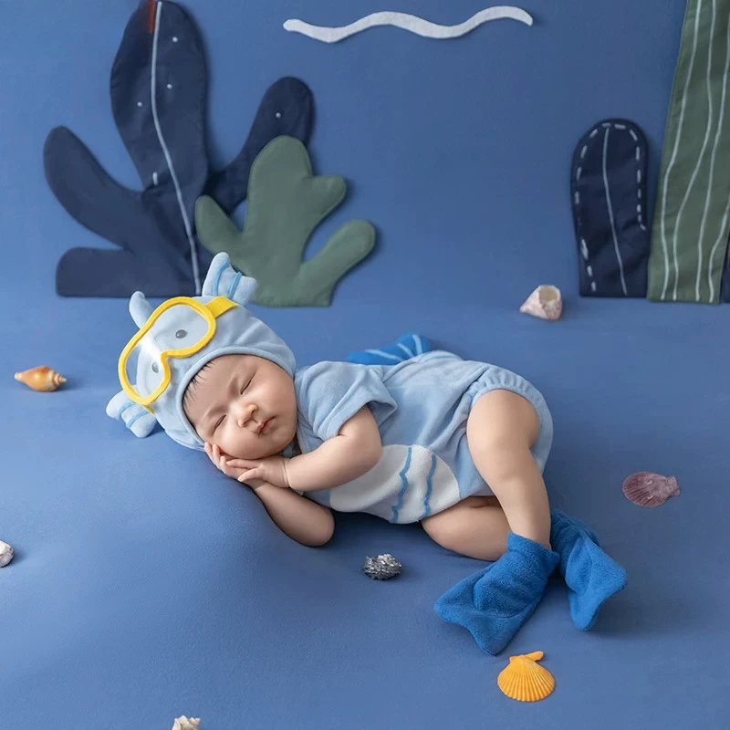 Accessori per Fotografia Neonatale, Sfondo Tema Mondo Sottomarino con Pesci e Conchiglie, Set Decorativo per Servizi Fotografici in Studio
