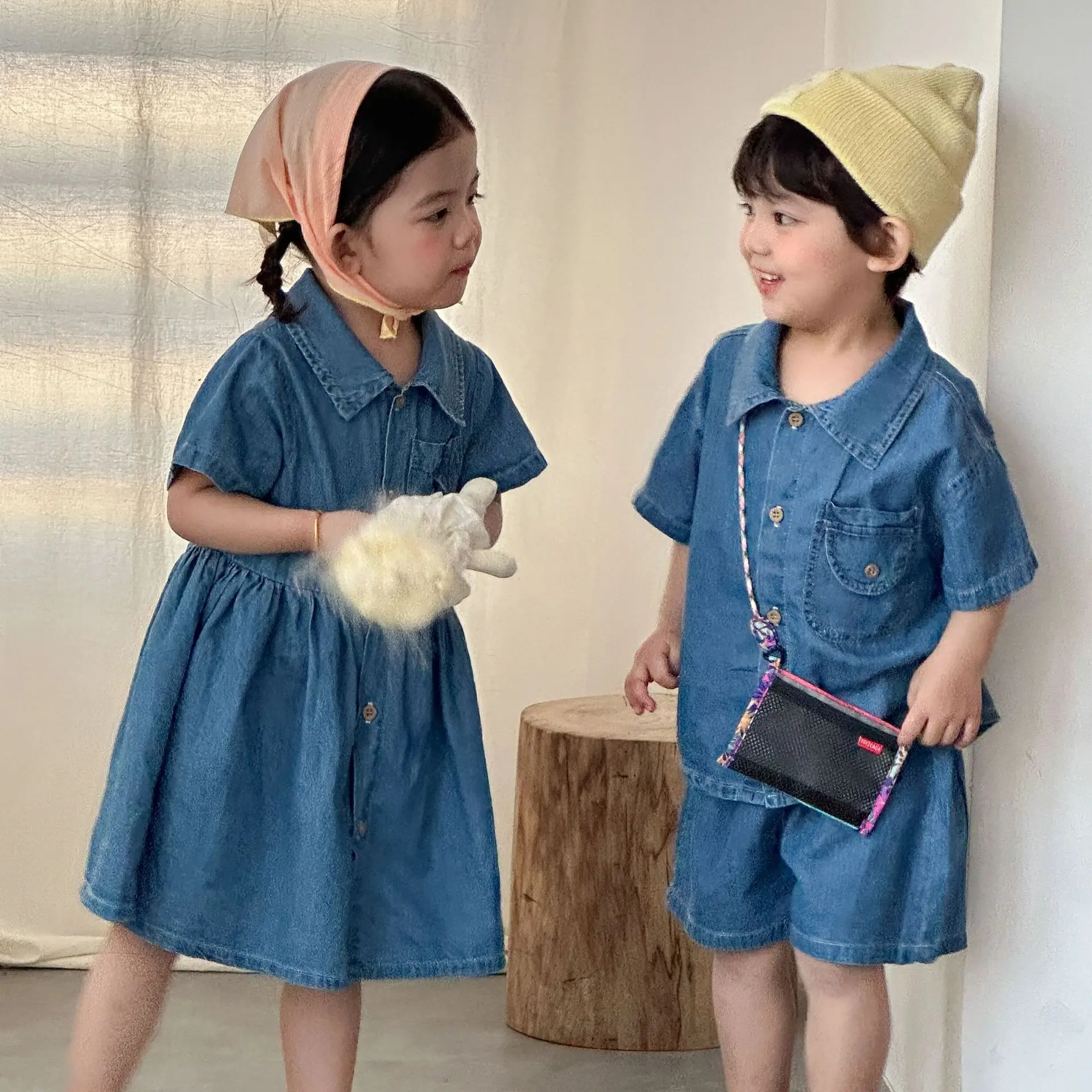 Summer New Children Short Sleeve Clothes Set Boys Denim Shorts 2pcs Suit Girls Shirts Dress Kids Brother Sisters Outfits