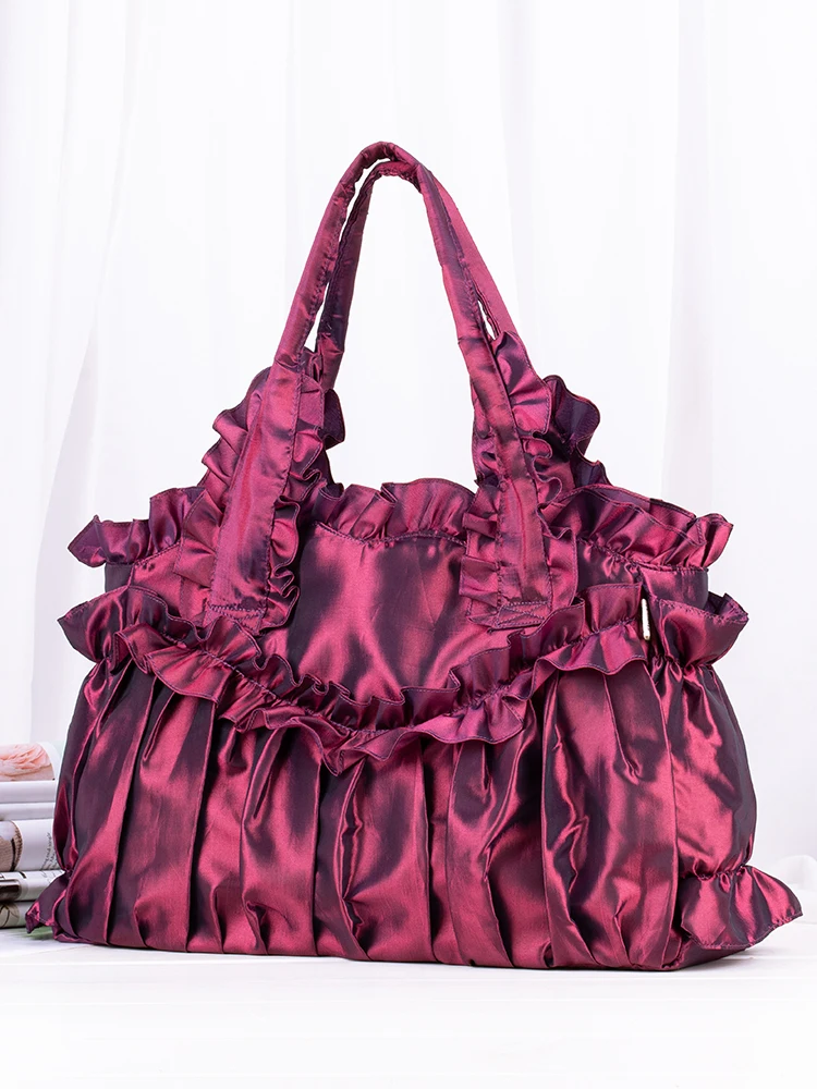 Fashion Casual Vintage Silk Cloth Women's Handbag Single Shoulder Bag Pleated Lace Large Capacity Tote Messenger Bag for Student