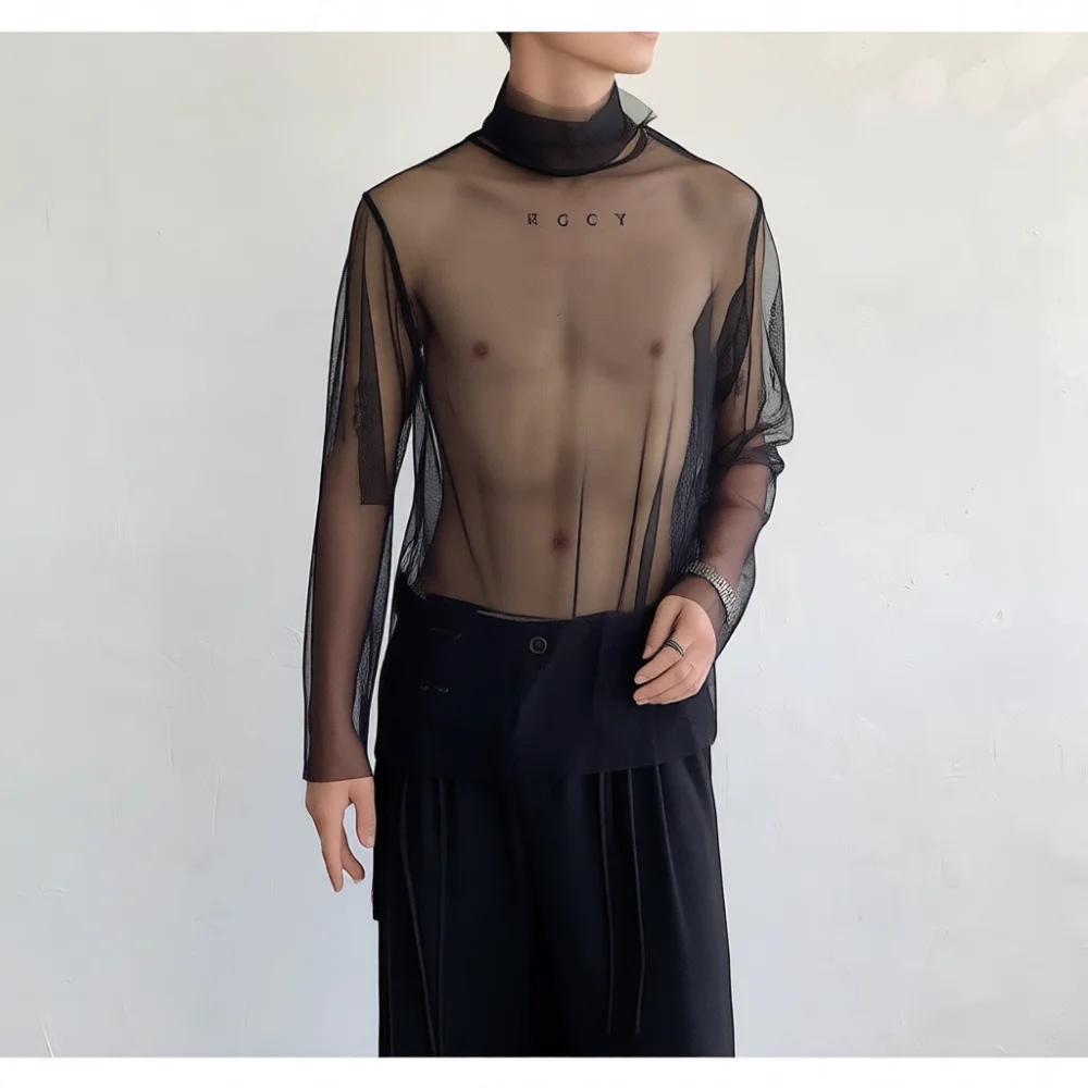Fashion Mens See Through Mesh T Shirt High Collar Long Sleeve Breathable Summer Outwear Stylish Base Layer Slim Fit Casual Top