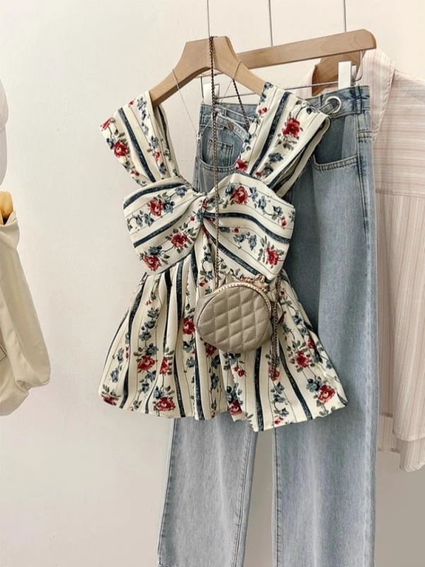Retro Ele Schöner Blumendruck ter Ne irt Damen Sommer Neue Taille Schlankheitsdesign Knoten Top Französische Sle Loose Fit