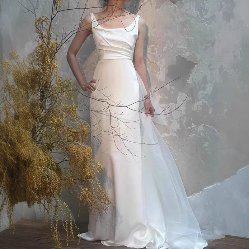 

French Off-Shoulder Light Travel Photos Engagement Long Sleeve Satin Bridal Mermaid Gown Simple Reception Outing Dress