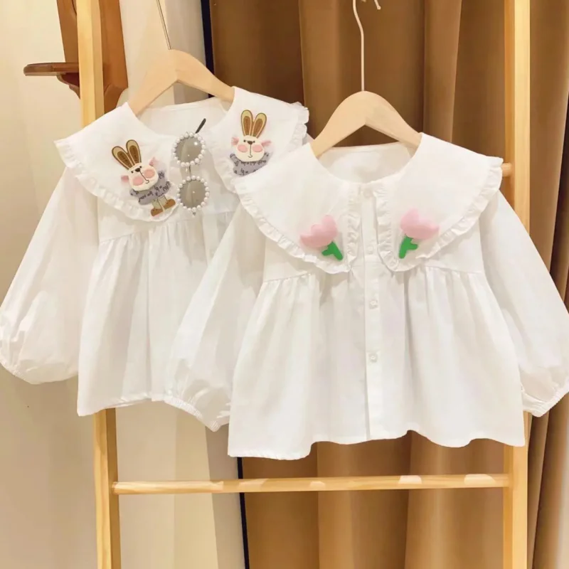 

Girls' Bunny Shirt2024Spring New Children's Clothing Children's White Shirt Col Claudine Top Baby Doll Shirt