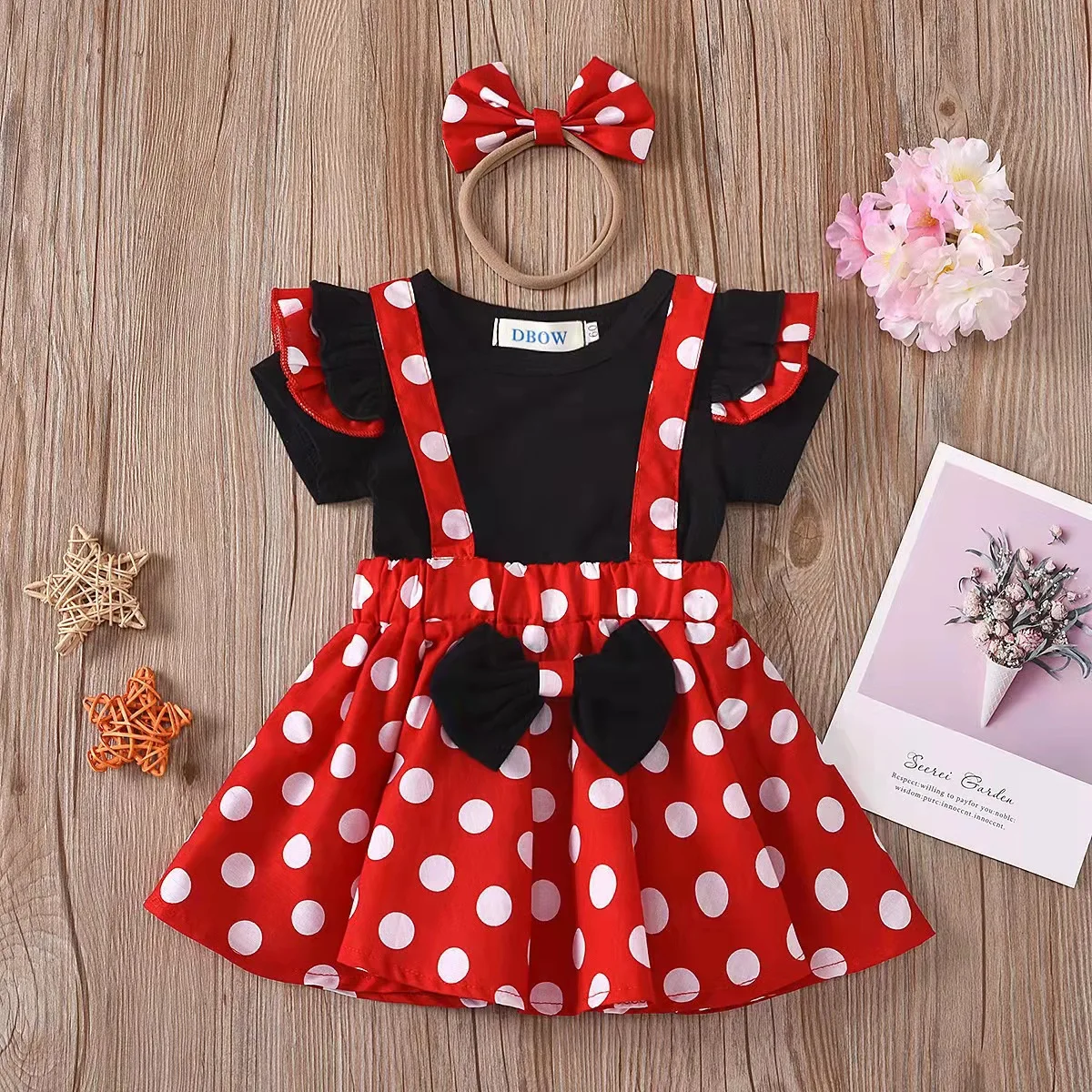 Minnie Mouse Girls Set Kids Clothes Flying Sleeve Short Sleeve Top Polka Dot Suspender Skirt Minnie Bow Headband skirt suit